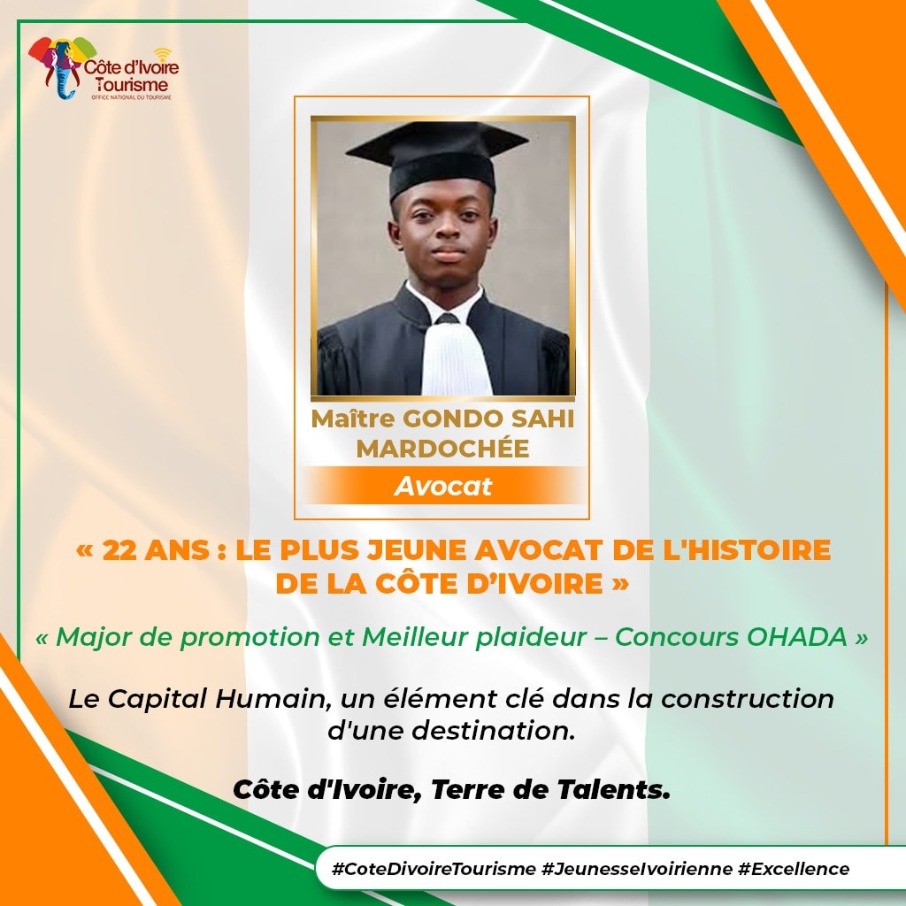 🧡🤍💚[SUCCESS STORY] Fierté  🇨🇮
À 22 ans, Maître GONDO SAHI Mardochée devient le plus jeune avocat de #CôtedIvoire ⚖️
🎓 Major de promotion
🏆 Meilleur plaideur – Concours OHADA
La preuve que le capital humain fait la force d’une destination.
👉 #CôtedIvoire, Terre de Talents.