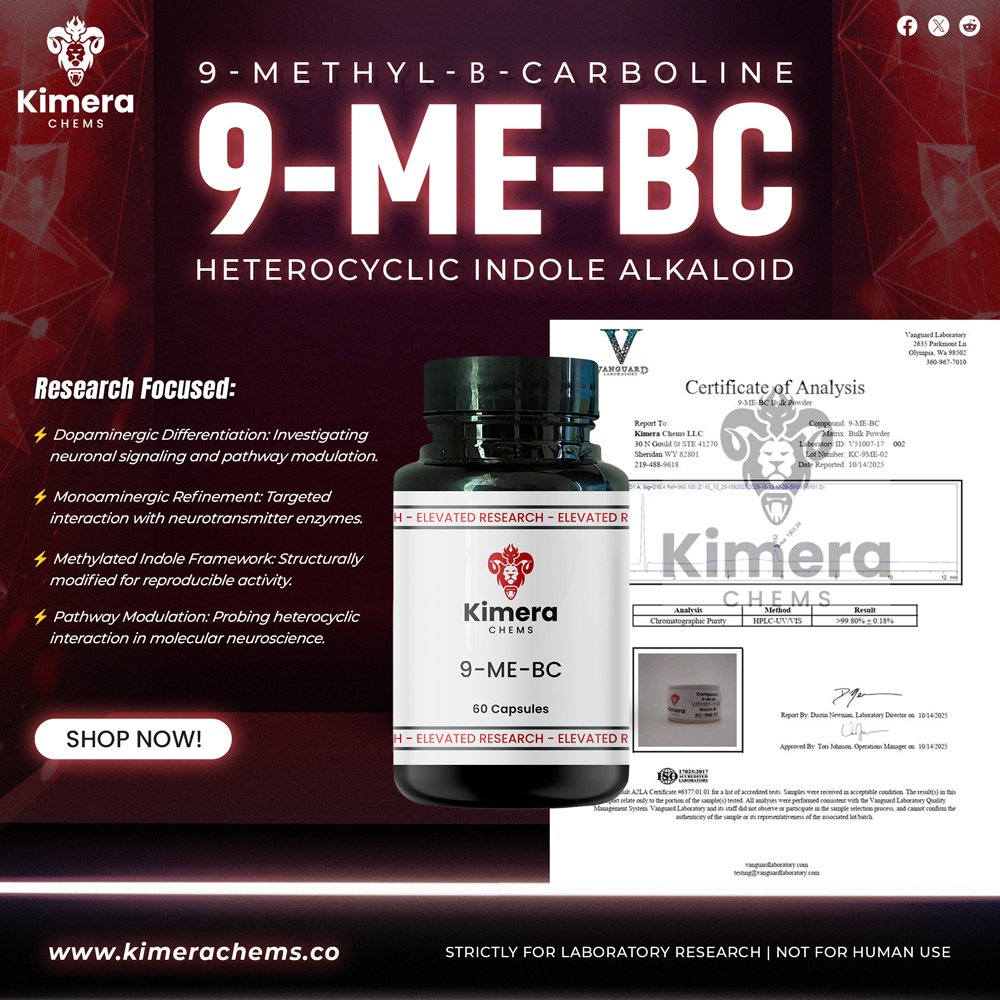 KimeraChems's tweet image. 9-ME-BC is a β-carboline studied in dopaminergic neuron models for potential neuroprotective and pro-cognitive effects. Preclinical data suggests influence on dopamine signaling and neuronal survival. Research use only.
#9MEBC #Nootropics #Neuroscience #Dopamine #NeuroResearch