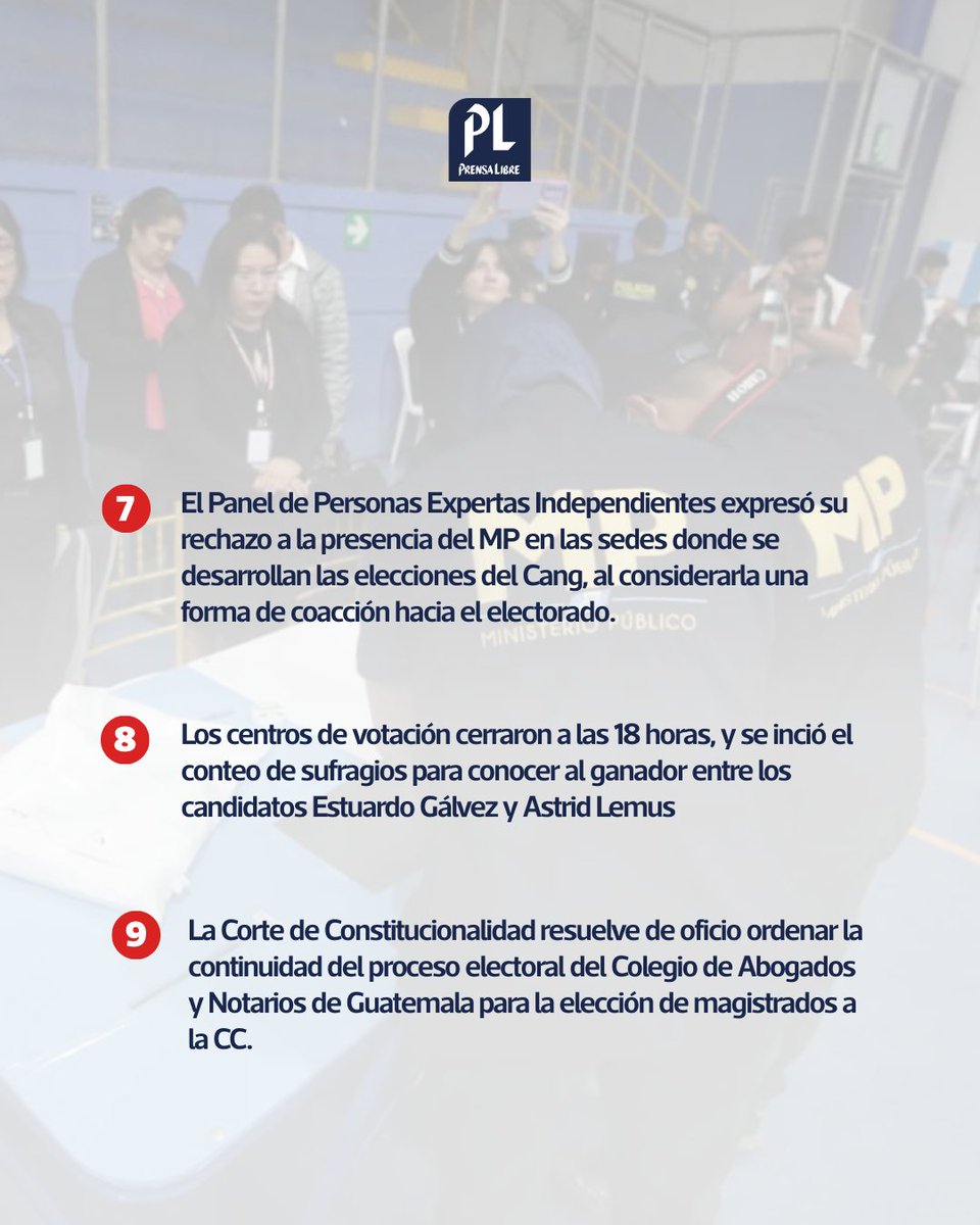 Para estar #Actualizado 🚨 La elección de magistrados para la CC en el Cang resultó interrumpida por fiscales del MP este 12 de febrero, por una investigación que está bajo reserva. La CC pidió no obstaculizar la elección.

Manténgase informado en Prensa Libre 📲