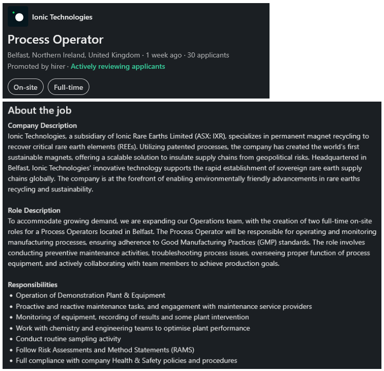Looks like IXRs Ionic Technologies are hiring more personel for the Demo Plant or getting ready for the Commercial Plant? 

That’s exactly what it points to – they’re clearly staffing up around  Belfast operations, which strongly reinforces the “demo now, commercial  next”