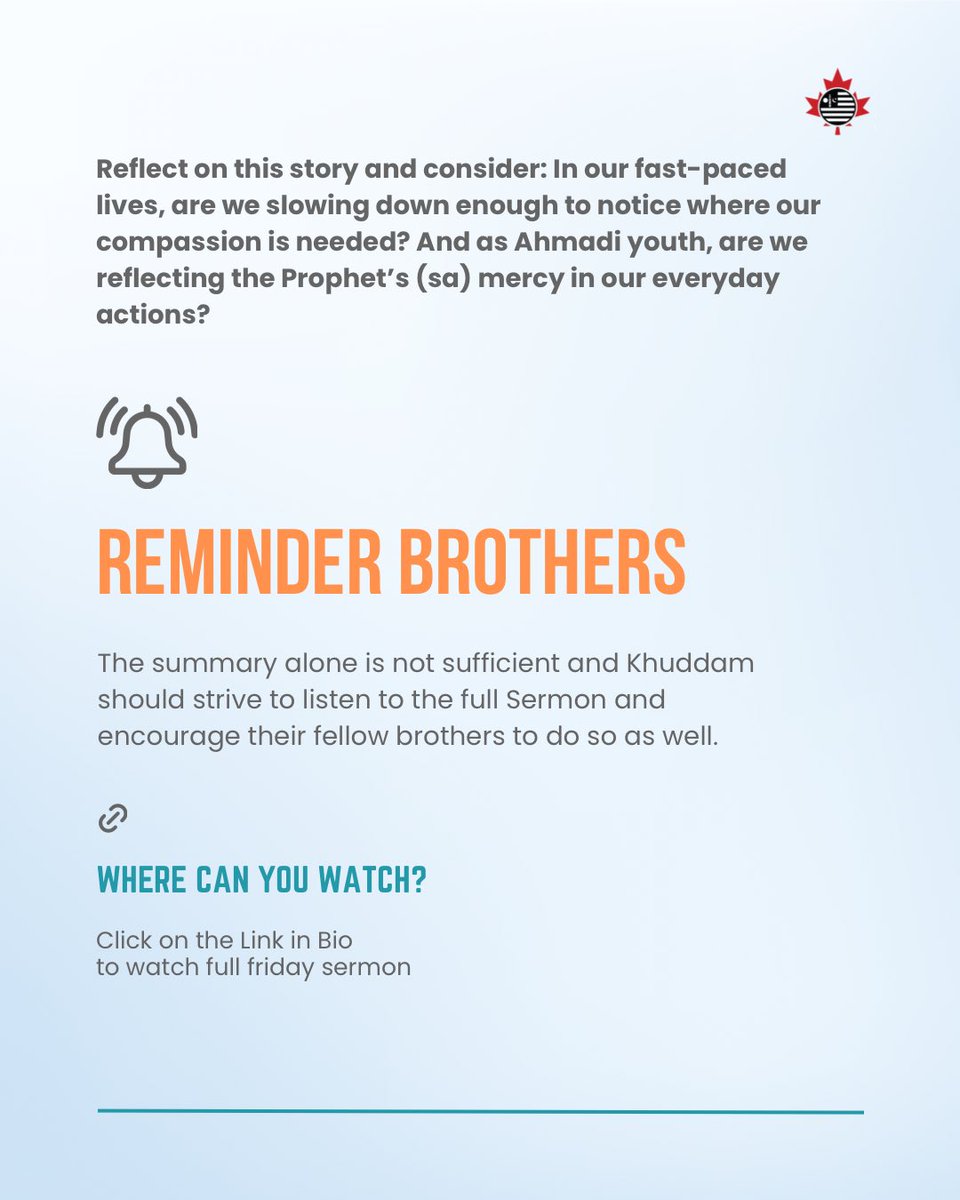 AMYACanada's tweet image. 𝑻𝒉𝒆 𝑴𝒂𝒏 𝒐𝒇 𝑮𝒐𝒅 𝑺𝒑𝒐𝒌𝒆, 𝒅𝒊𝒅 𝒚𝒐𝒖 𝒍𝒊𝒔𝒕𝒆𝒏?

In the Friday Sermon delivered on February 6, 2026, Hazrat Mirza Masroor Ahmad (aba) continued to explain the perfect example of the Holy Prophet (sa) through the harmony of love and worship.