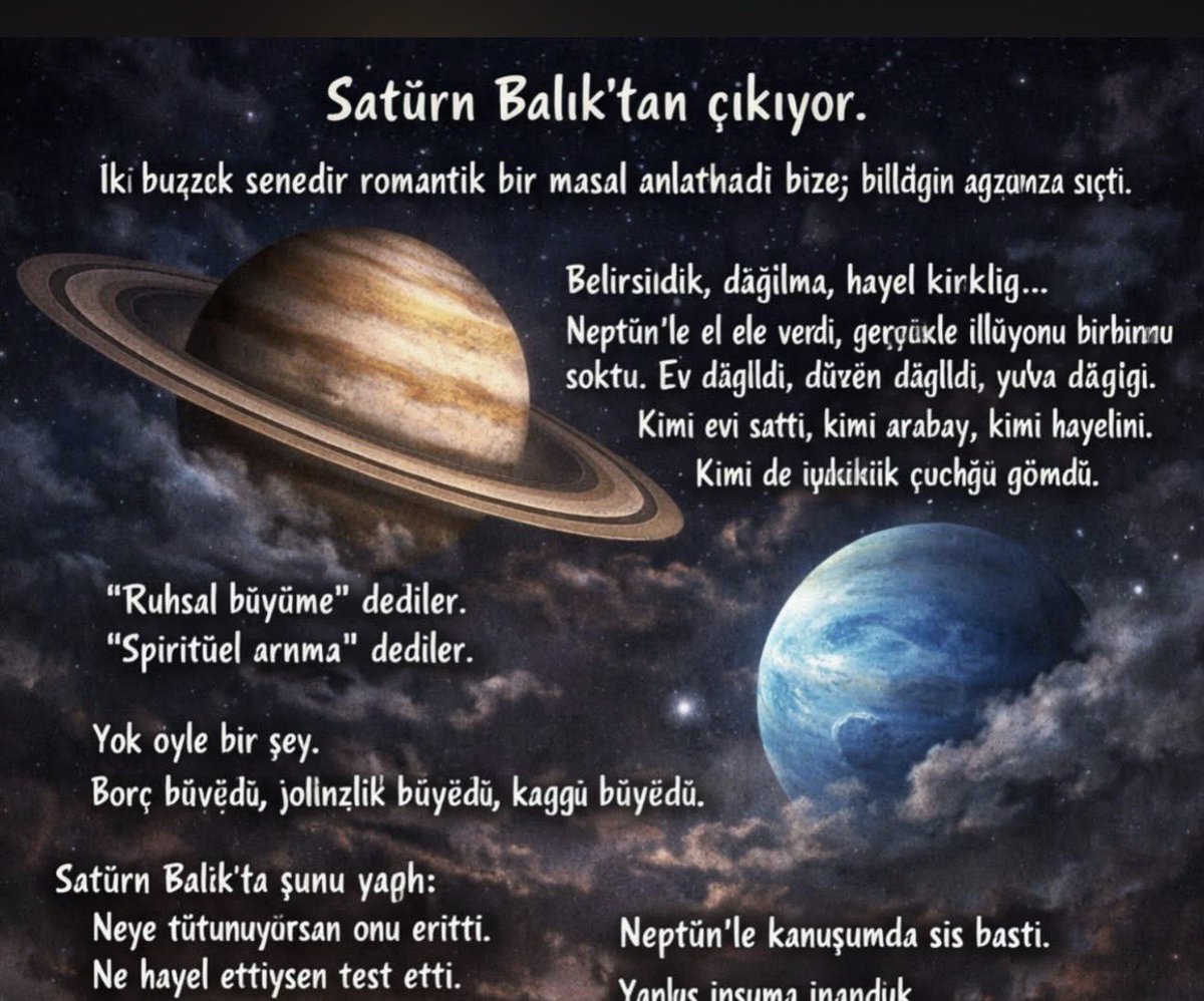 ⸻

Satürn Balık’tan çıkıyor.
İki buçuk senedir romantik bir masal anlatmadı bize; bildiğin ağzımıza sıçtı.

Belirsizlik, dağılma, hayal kırıklığı… Neptün’le el ele verdi, gerçekle illüzyonu birbirine soktu. Ev dağıldı, düzen dağıldı, yuva dağıldı. Kimi evi sattı, kimi arabayı,
