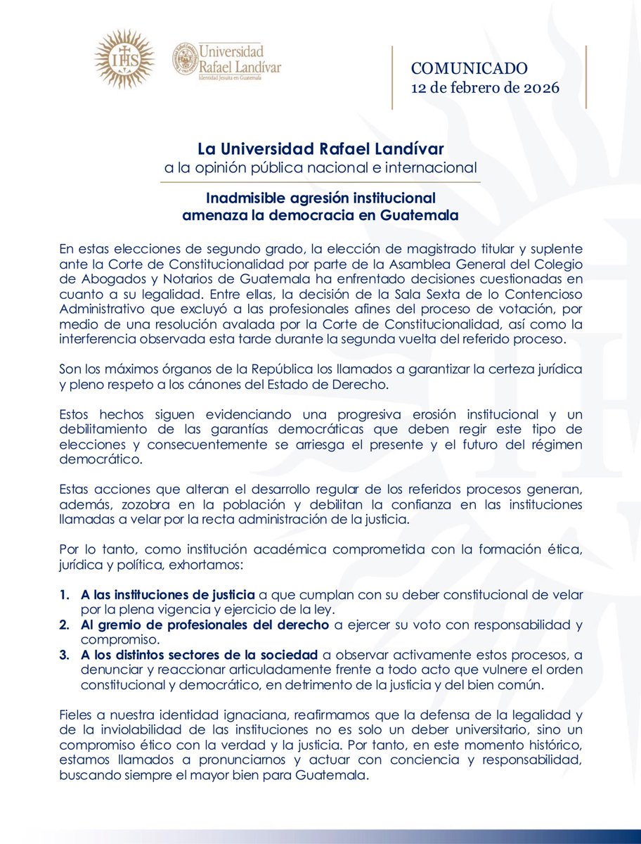 #ComunicadoURL | Inadmisible agresión institucional amenaza la democracia en Guatemala