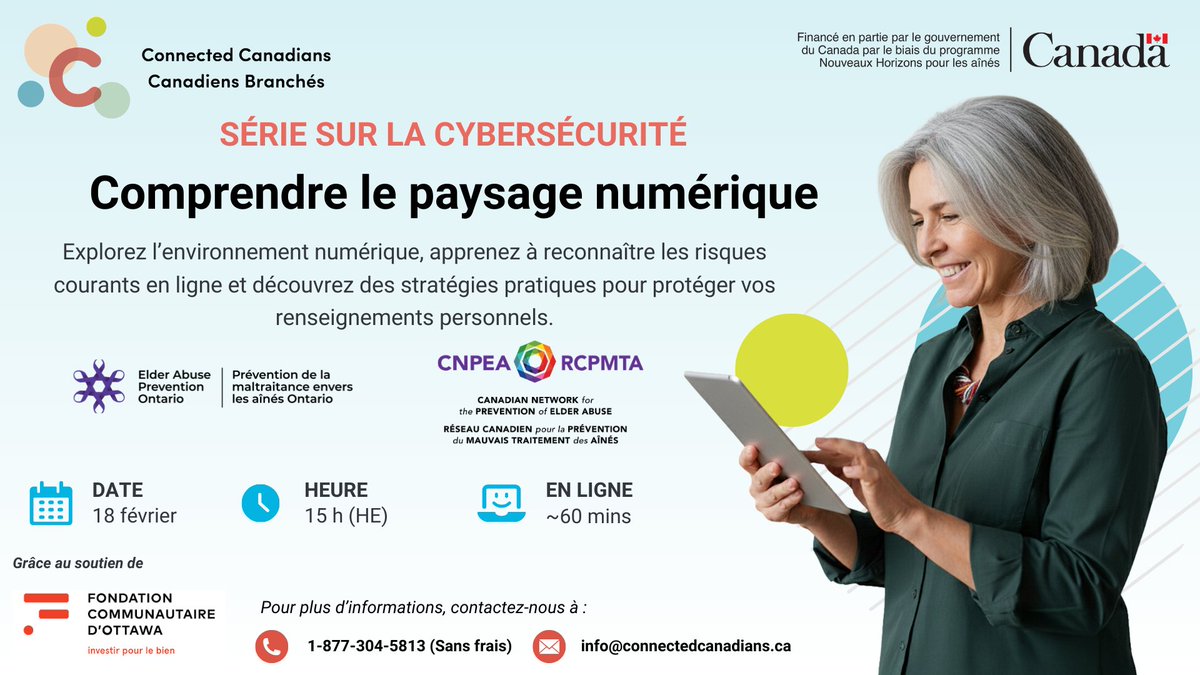 Le 18 février commence le 1er épisode de notre série de 6 wébinaires sur la #cybersécurité: ''Comprendre le paysage numérique''  avec <a href="/EAPreventionON/">Elder Abuse Prevention Ontario</a> &amp; <a href="/connectedcdns/">connectedcanadians</a>
👉 à midi heure de l'Ouest / 15h de l'Est
👉Inscription: bit.ly/4tAw3Zc

#MPF2026 #MoisPréventionFraude
