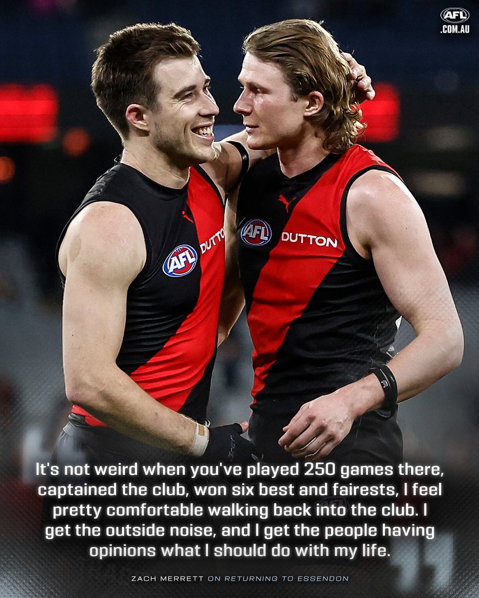 AFL's tweet photo. Zach Merrett has thrown himself back into life at Essendon 💪

He discusses his return to the Bombers following a failed trade to Hawthorn: https://t.co/Z9SRduXWim https://t.co/2PP0BWQ8Vg