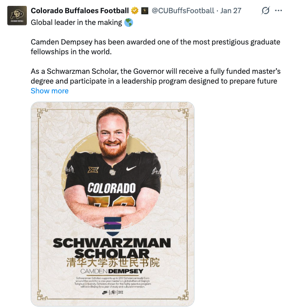 GREAT story coming up at 6:45 on <a href="/DenverChannel/">Denver7 News</a> Sports. Camden Dempsey - "The Governor" as <a href="/DeionSanders/">COACH PRIME</a> calls him. Ready for life off the field, starting in China. <a href="/BradeyKing/">Bradey King</a> has the story. Tune in. <a href="/CUBuffs/">Colorado Buffaloes</a> <a href="/CUBuffsFootball/">Colorado Buffaloes Football</a>