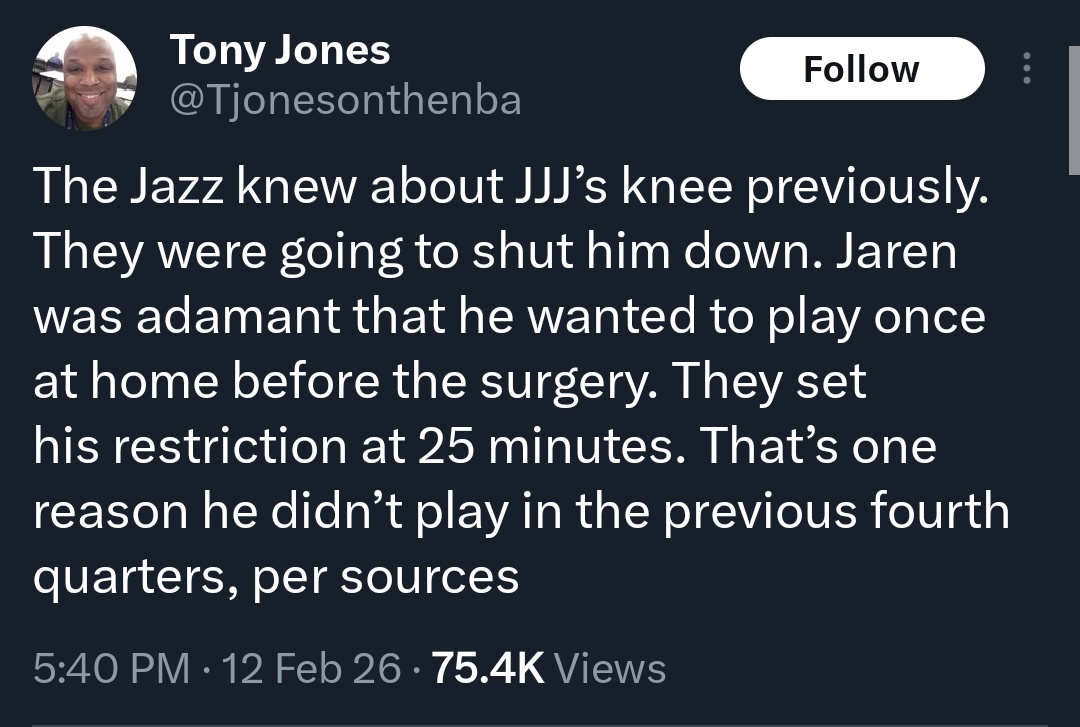 I guess that totally explains why Lauri and Nurkic also sat during the exact same stretches of those games lol.

This guy's just an access journalist, who'll peddle whatever is required for information. No integrity and blocks anybody who calls him out on his ridiculous bullshit.