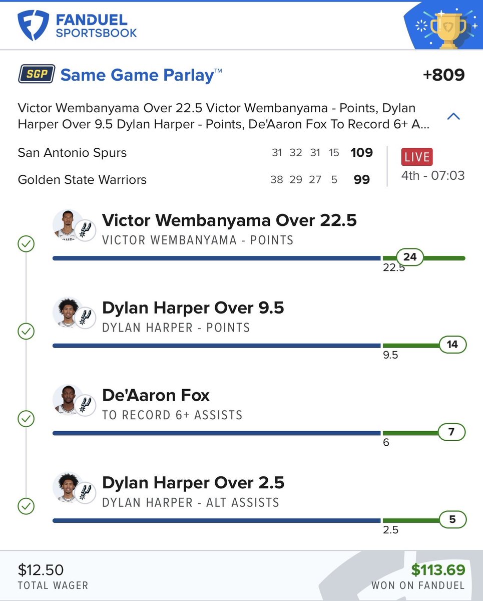 bettingjawn's tweet photo. Had ourselves a NIGHT 😤🔥

Wemby buckets? ✅
Harper cooking? ✅
Fox dishing & scoring? ✅

Couple same game parlays, all green across the board 💰🦅 That Spurs-Warriors matchup was straight to the window energy. Small wagers, BIG vibes.

If you tailed… you ate. If you didn’t… don’t miss the next one 👀

#ParlayLife #BetSlip #heater #NBA #bettingjawn