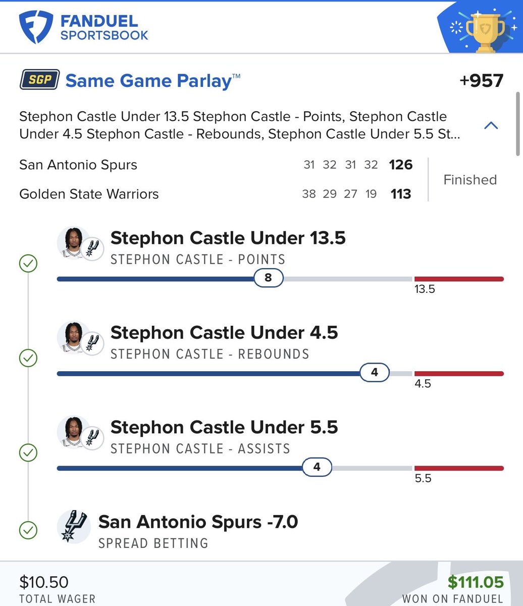 bettingjawn's tweet photo. Had ourselves a NIGHT 😤🔥

Wemby buckets? ✅
Harper cooking? ✅
Fox dishing & scoring? ✅

Couple same game parlays, all green across the board 💰🦅 That Spurs-Warriors matchup was straight to the window energy. Small wagers, BIG vibes.

If you tailed… you ate. If you didn’t… don’t miss the next one 👀

#ParlayLife #BetSlip #heater #NBA #bettingjawn