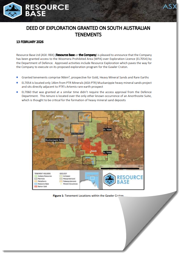ResourceBaseLtd's tweet photo. $RBX has secured the Department of Defence approval to access the Woomera Prohibited Area over Exploration Licence EL7054, clearing the way for its proposed exploration activities across the Gawler Craton, South Australia.
Read the full ASX release here ➡️ https://t.co/CBRWtHMVRe https://t.co/Bfd6dM4fmY