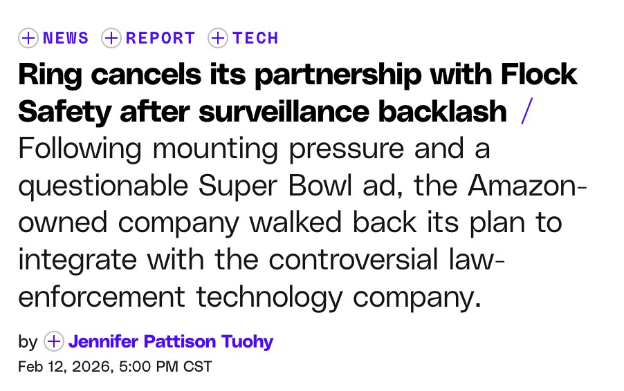 BREAKING: Ring just cancelled their partnership with #Flock.

Now, should you trust <a href="/ring/">Ring</a> now? No. After all they thought this was a good idea. But this shows that pressure works.

Be the backlash against surveillance that you want to see in the world.

Voice your disgust over