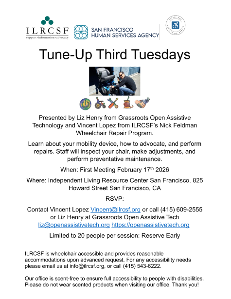 ability_tools's tweet photo. 🔧 Tune-Up Third Tuesdays
Learn about your mobility device, how to advocate, and perform repairs. Staff will also perform preventive maintenance.

First Meeting: June 17, 2026
Where: 825 Howard St, San Francisco, CA

RSVP: Vincent@ilrcsf.org/liz@openassistivetech.org https://t.co/qOd3ZjKIyI