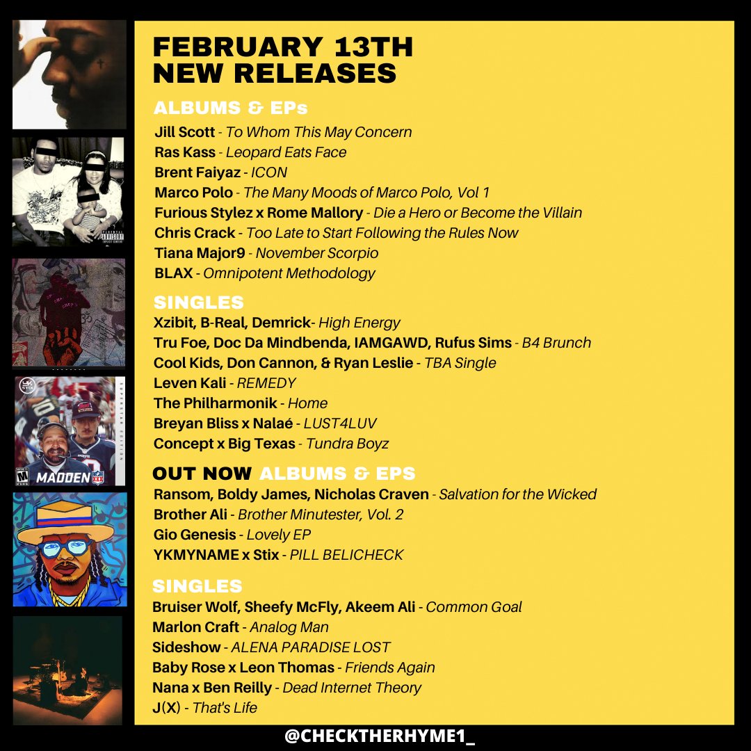 checktherhyme1_'s tweet photo. 🚨This week's new drops

Jill Scott
Ras Kass
Xzibit, B-Real, &amp; Demrick
Ransom, Boldy, Nicholas Craven
Brent Faiyaz
Bruiser Wolf, Sheefy, Akeem Ali
Marco Polo
Sideshow
Furious Stylez x Rome Mallory
Tru Foe, Doc Da Mindbenda, IAMGAWD, &amp; Rufus Sims
Chris Crack
The Philharmonik
+more https://t.co/uPGDeJWy83