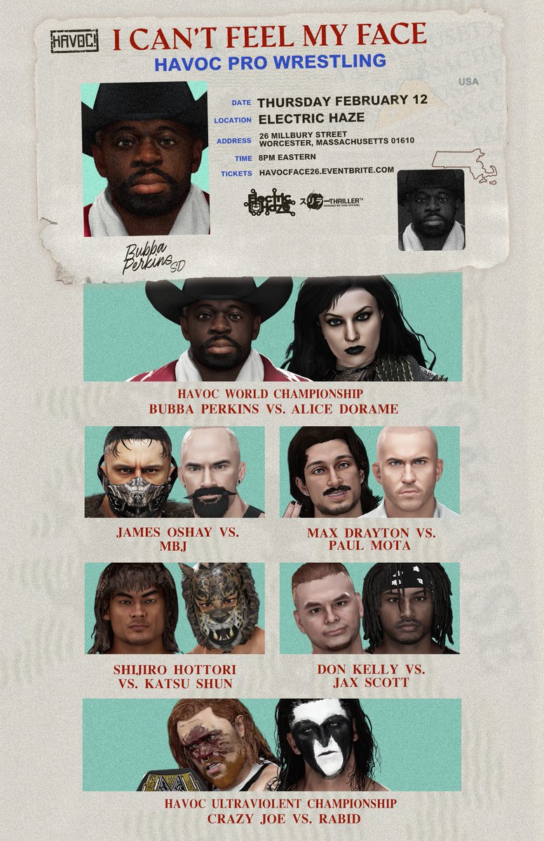 *TONITE 7PM CT/8PM ET*

HAVOC comes to WORCESTER for the 2026 edition of #HAVOCFace!

Perkins v Dorame
Joe v Rabid
Shun v Hottori
+more

Watch LIVE on <a href="/ThrillerTV_2K/">Thriller TV</a>+

Tix:
HavocFace26.eventbrite.com

DOORS OPEN 6PM EST