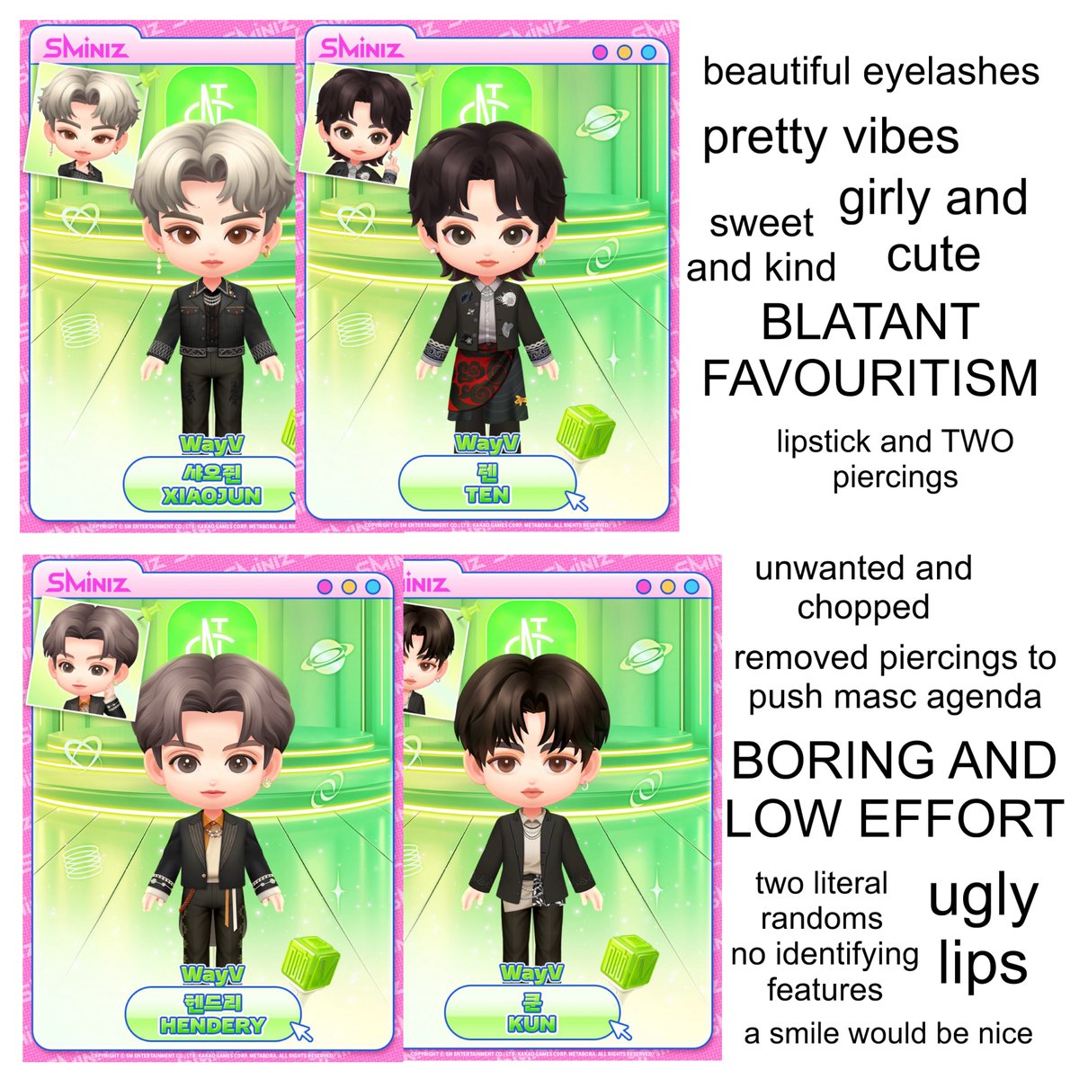 starfaced's tweet image. those sminiz made kun and hendery masc and its pissed me off wheres the cute eyelashes?? as usual sm is MISTREATING WAYV. #FUCKSM #DISCRIMINATION #FORCEDMASCULINITY @WayV_official @SMiniz_gb @SMiniz_jp @SMTOWNGLOBAL