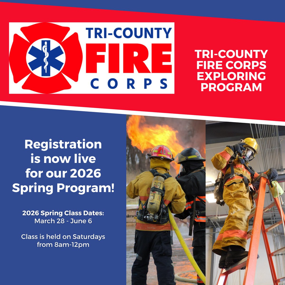 Registration for our 2026 Spring Class is now live! This is a great opportunity for students to discover a career in the fire service through exploring. Class begins on March 28th &amp; the cost for the program is $50/student.

Visit scoutingevent.com/326-TriCounty2… to register today!
