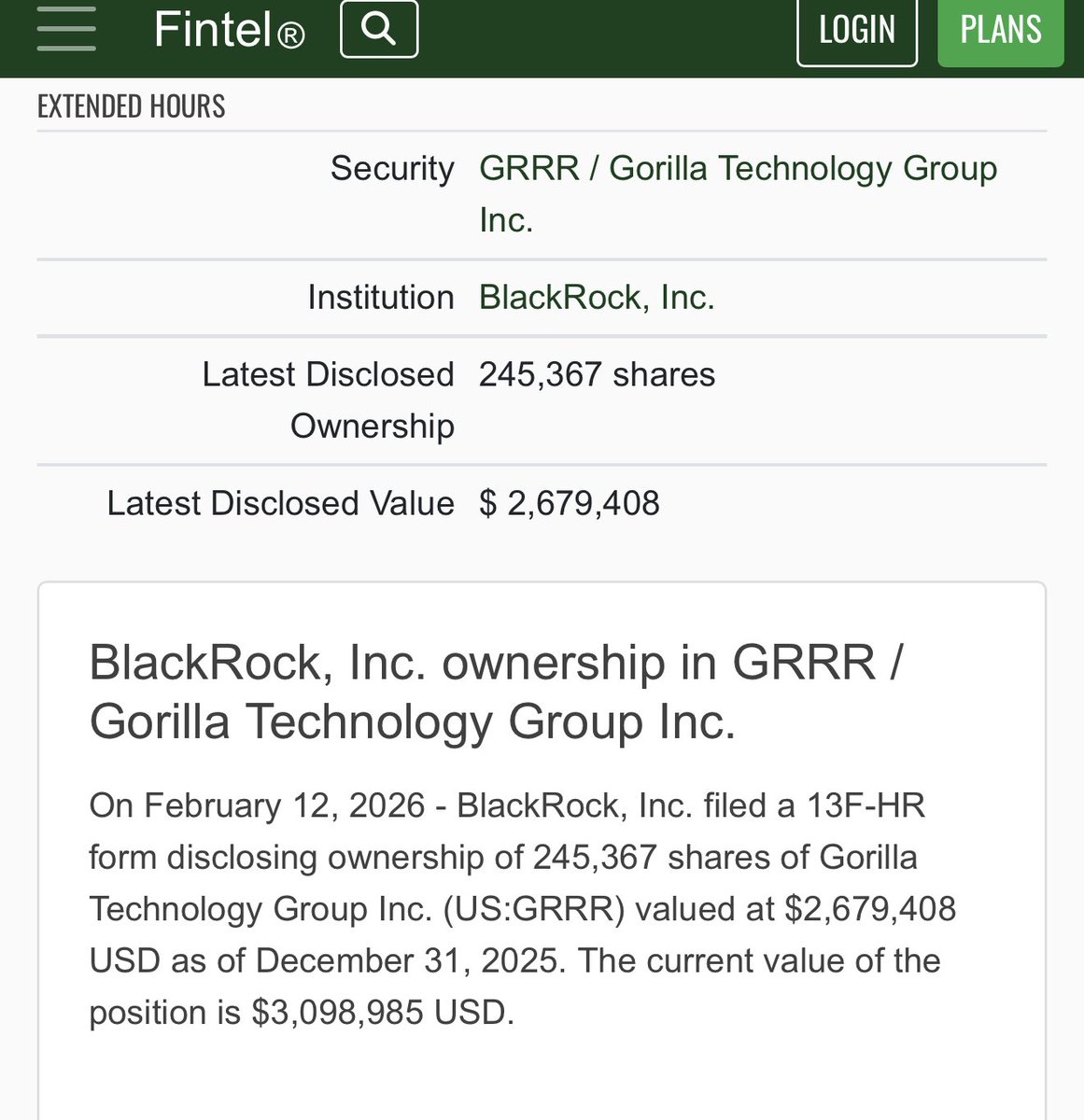 💥💥BlackRock, Inc. filed a 13F-HR form disclosing ownership of 245,367 shares of Gorilla Technology Group Inc. (US:GRRR) valued at $2,679,408 USD  $grrr