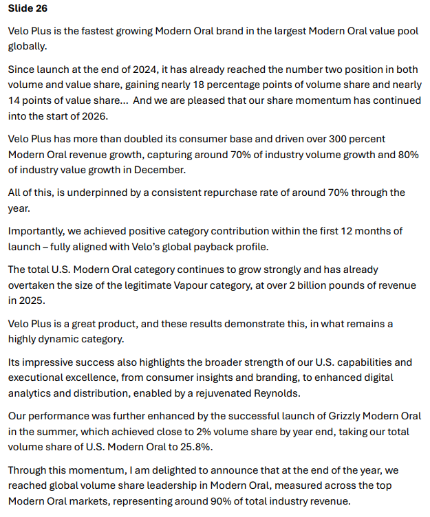 Very impressive from $BTI, however they are not the "fastest growing Modern Oral brand", that title belongs to $TPB with >600% growth. No shade! ;)
I could see their 25% U.S volume share catching up to $PM's ~70% over the next few years
