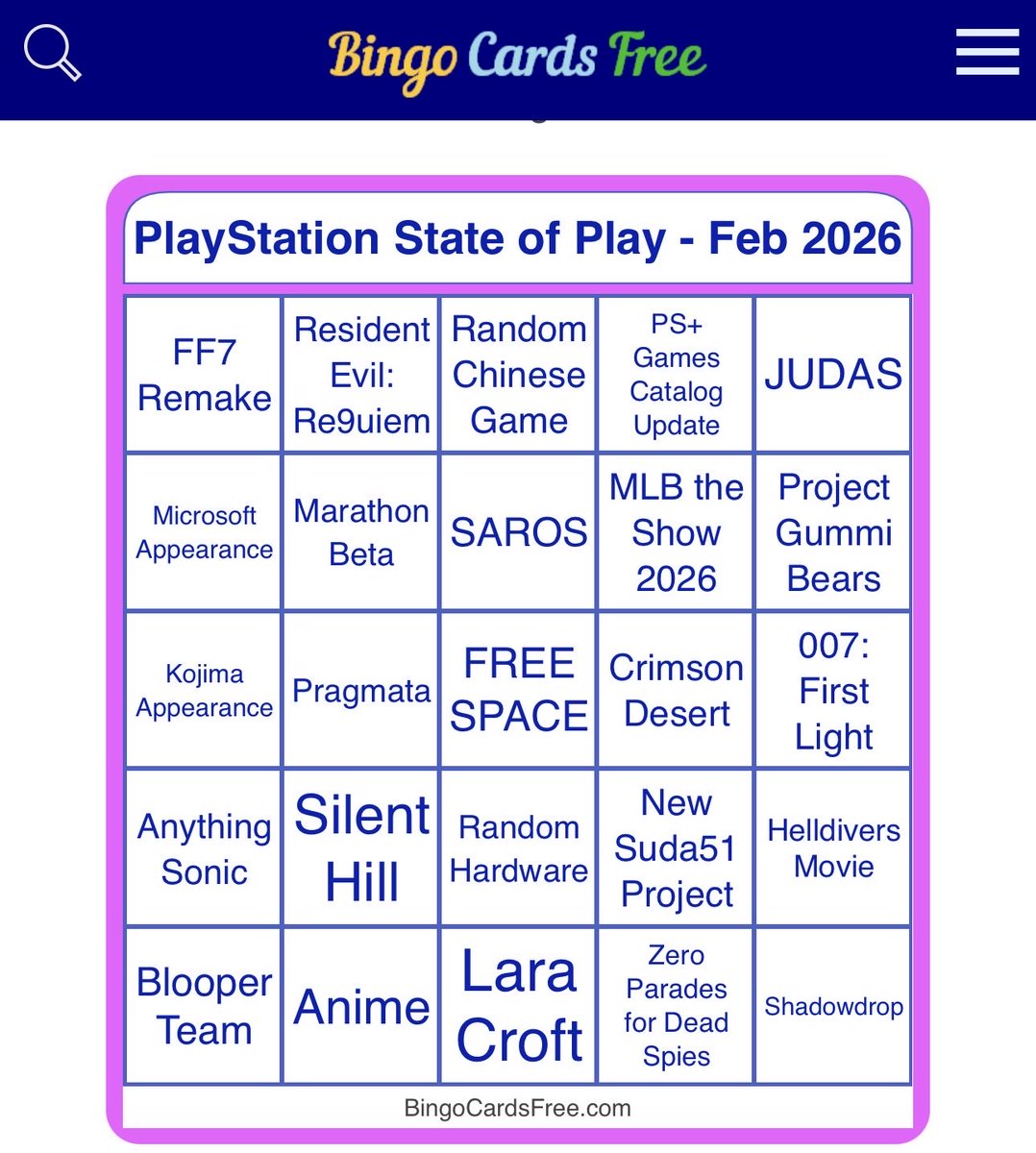 POTK_Ken's tweet photo. #StateOfPlay Bingo Card, I am ready for the dissapointment https://t.co/n8J7eHOiwu