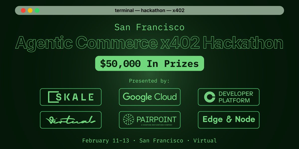 The San Francisco Agentic Commerce x402 Hackathon is underway! 

With $50,000 worth of prizes up for grabs, builders are already heads down.

Sign ups are still open so dont miss out 🔽