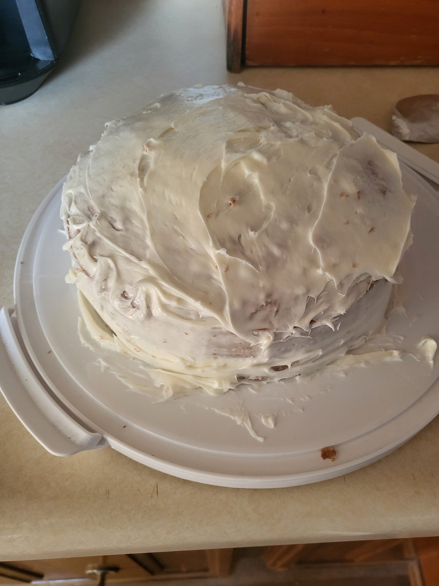 Cake has been made! It's carrot cake with cream cheese frosting, I know it looks amazing, I should do this for a living clearly. Anyone want a slice? (If you agree to a slice you automatically become my platonic Valentine's I don't make the rules) #cake #Valentine #baking