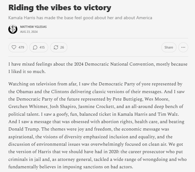 Harris ran a campaign that kept people like Reid Hoffman and Tony West, and by extension you, happy. She distanced herself from Biden's antitrust program (one of the administration's bright spots), which took on targets such as non-compete clauses and Live Nation/Ticketmaster.