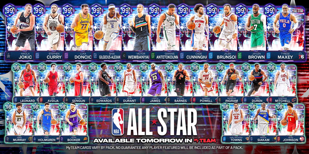 NBA2KMyTEAM's tweet image. 🤩All-Star Packs drop tomorrow in MyTEAM, stacked with the biggest names and deepest roster depth from All-Star Weekend!
Stack your squad with 60+ new All-Star cards from this year’s weekend festivities!🏀

⭐ Voted Starters rated 99 OVR, including:
🌌 Victor Wembanyama
🌌…