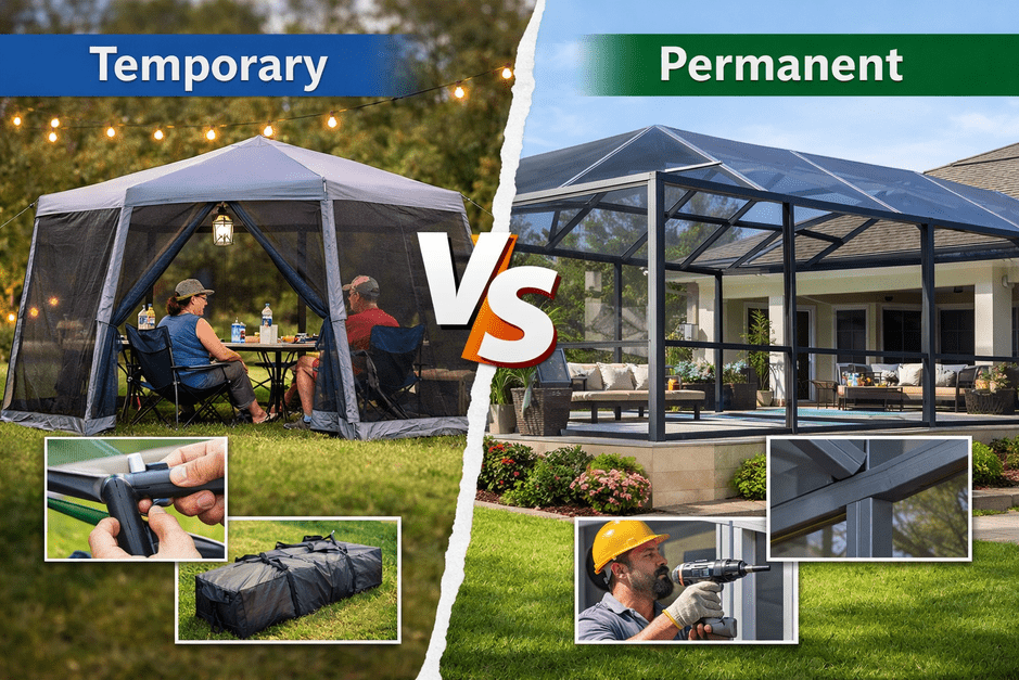 TDSCREENFL's tweet photo. Thinking about adding a screen enclosure? The choice between temporary and permanent structures comes down to flexibility vs long-term value. Temporary enclosures are affordable, DIY-friendly, and great for seasonal use. https://t.co/6LoBrHq2Hf