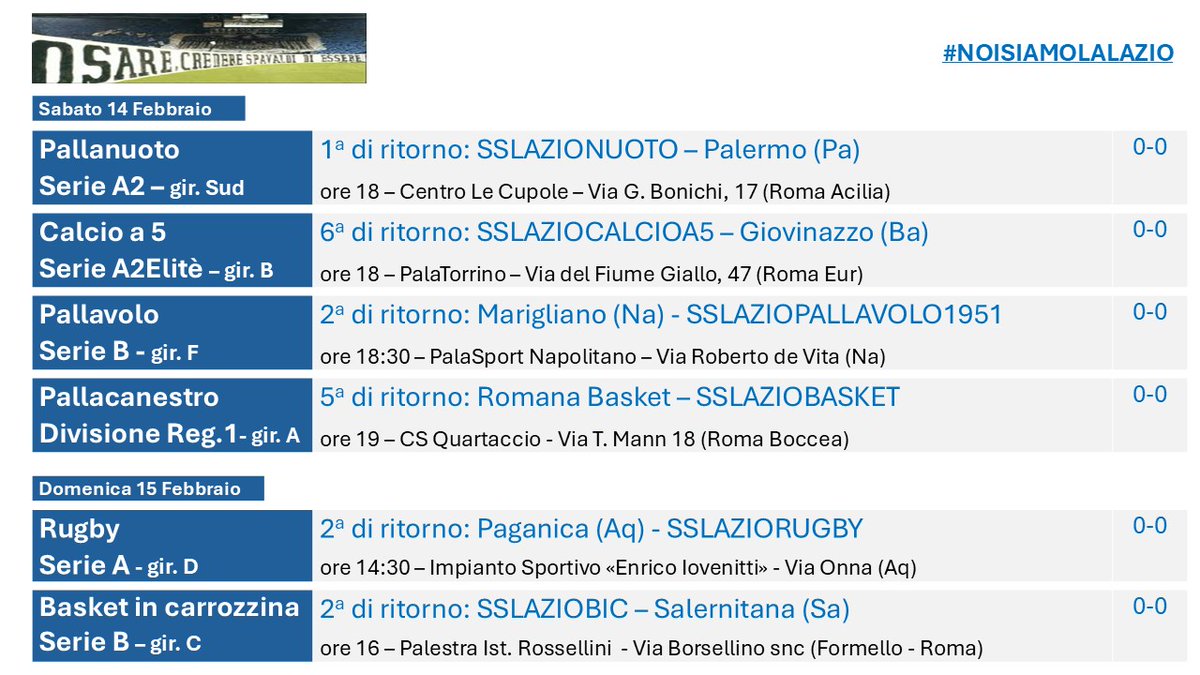 Continuate a firmare .. siamo vicini alle 41.000 firme .. 
change.org/p/lettera-al-p…

la #LAZIOCHESEGUO - fine settimana in arrivo.
Importanti tutti gli incontri ma focus sulla #pallanuoto e sul <a href="/LazioBasket/">S.S.Lazio Basket</a> 

Nel mio canale #Telegram il dettaglio 
t.me/ilviandantecon…