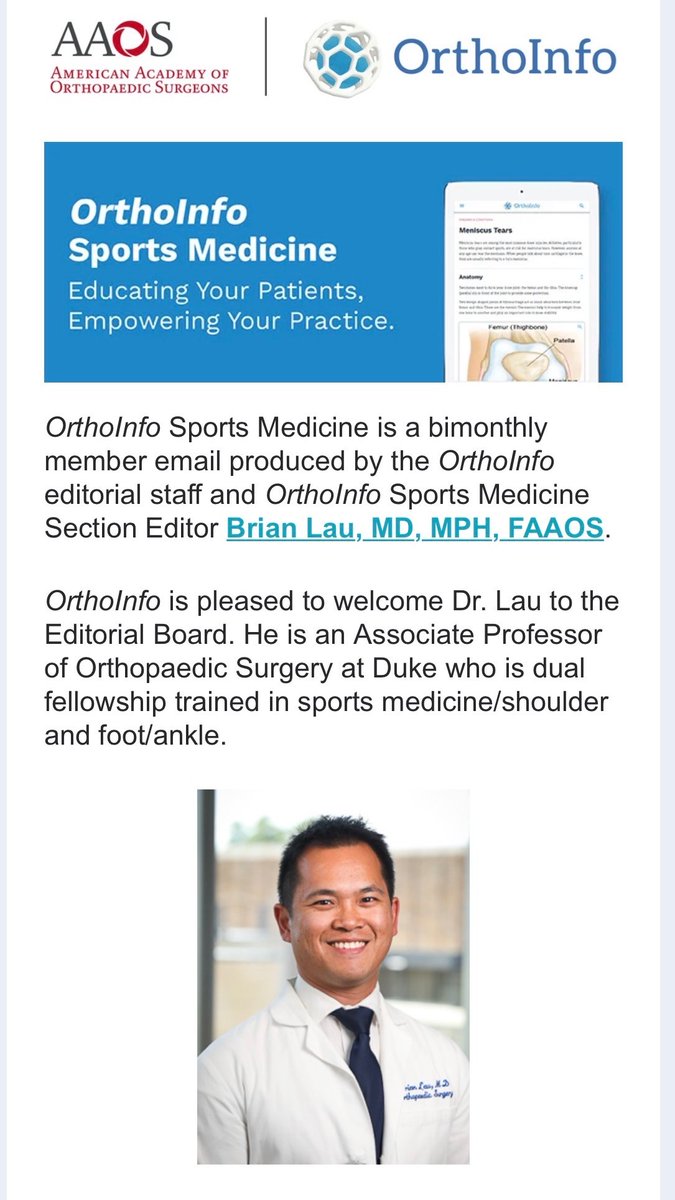 DukeOrtho's tweet photo. 👏 Congratulations to Brian Lau, MD, MPH, FAAOS, associate professor of Orthopaedic Surgery at Duke, on his role with the OrthoInfo Sports Medicine editorial team! Grateful for his expertise in sports medicine, shaping patient education, and advancing the field. https://t.co/qXXudU1WoC