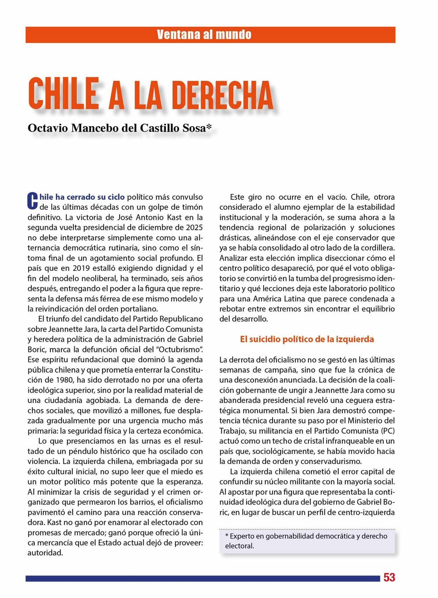 revistavyvmx's tweet photo. 🇨🇱🗳️ Chile a la derecha
Por Octavio Mancebo del Castillo Sosa @OctavioMancebo
¿Qué nos dice la victoria de José Antonio Kast sobre el futuro de la democracia en Chile y en América Latina? 😮‍💨⚖️
Un análisis crudo sobre miedo, orden, progresismo y la nueva derecha en la región.

📅 Léelo completo en la edición de febrero de 👉 https://t.co/r04r69HuL6 📖✨