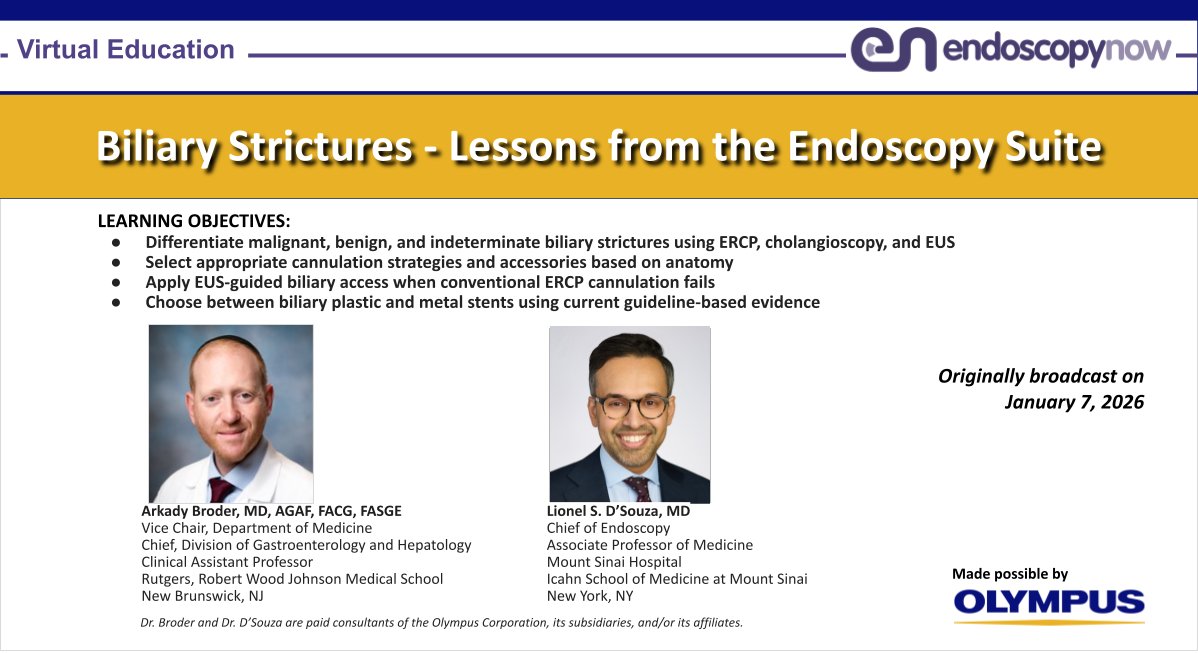 EndoscopyNow's tweet photo. WATCH the Video Replay on #Biliary #Strictures -Lessons from the Endoscopy Suite.
From your mobile device, watch on the app https://t.co/04hUOUNp8K
From your PC=> https://t.co/eJxuivcERL
@Olympus #Gastroenterology #GIEndoscopy #GIFellows #GINurses #GITwitter #TwitterMed #MedEd https://t.co/hZ2zSAxNKs
