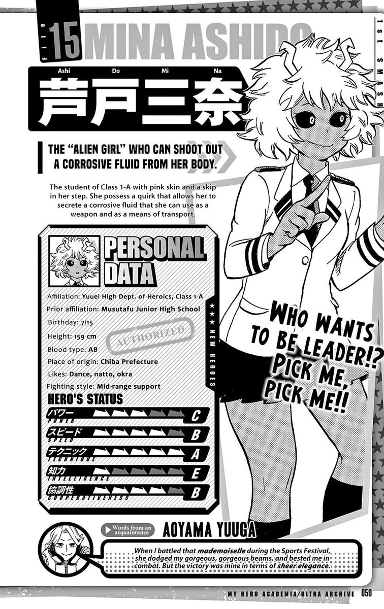 You’re telling me Mina as the iq of a broken crayon and still got into UA. This character is literally the best