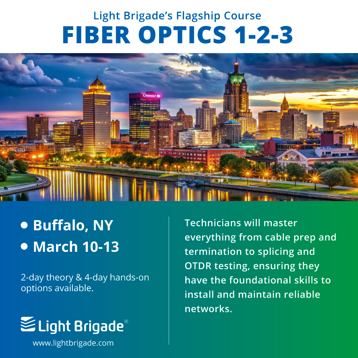 Buffalo, NY: We’re bringing Fiber Optics 1-2-3 to the Queen City, March 10-13. Get the hands-on certification your team needs to ensure "first-pass success" in every fiber deployment.

Register: lightbrigade.com/fiber-optics-1…

#FiberOptics #LightBrigade #Telecom