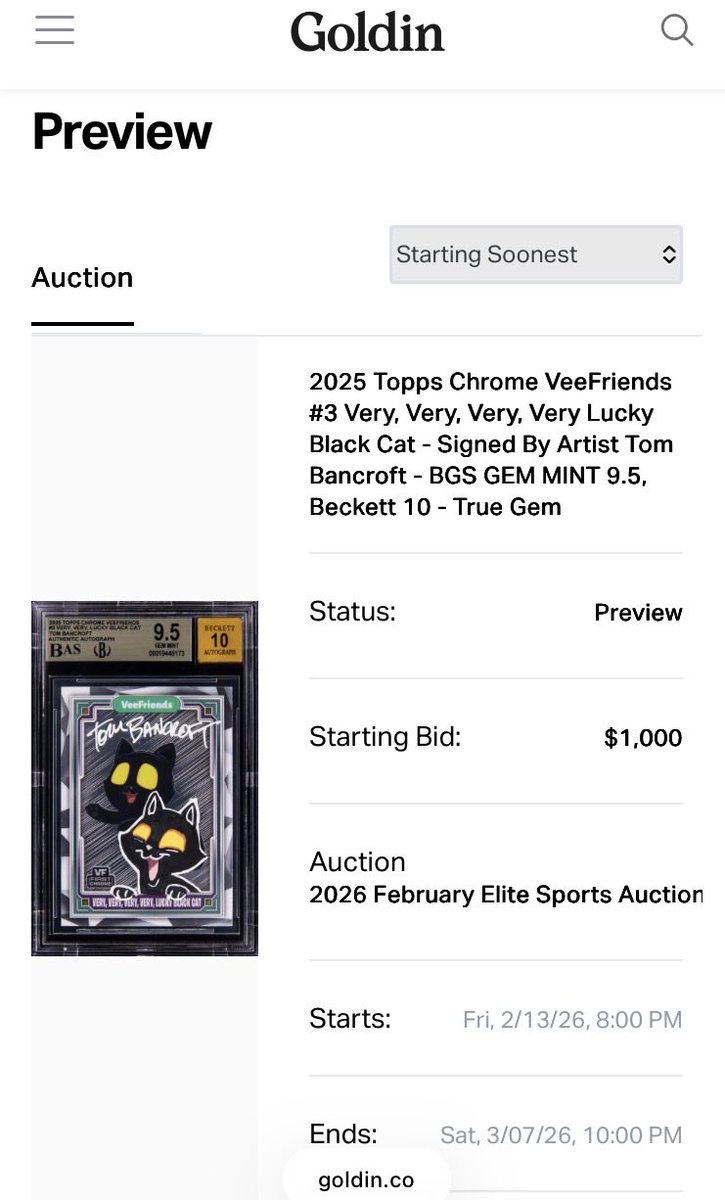 So, it finally came back from grading and off to auction starting tomorrow at Goldin. Wish me a lot, a lot, a lot, a lot of luck.  Thank you again <a href="/veefriends/">VeeFriends</a> <a href="/VeeFriendsCards/">VeeFriends Cards</a> <a href="/garyvee/">Gary Vaynerchuk</a>