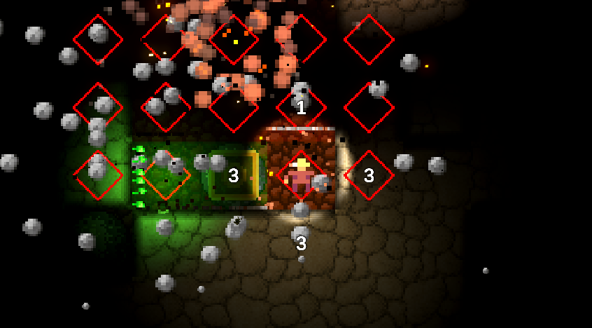 FAIL_GAMES_'s tweet photo. @camiloDelCodigo Just playtesting and this is a good example when you know you're cooked :) Stuff is about to explode in 1 time unit but it takes 3 time units to dig down. This isn't going to end well...

But you can upgrade your pickaxe to dig faster into certain tiles. https://t.co/LwA1FbDLoo