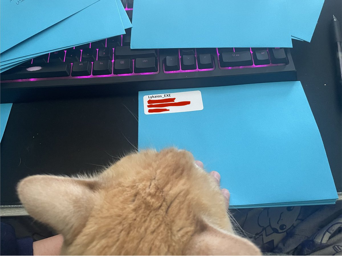Horus is helping me fill envelopes by holding my hand in place.

Starting with sending out the overseas stream ornaments, keep your eyes peeled!