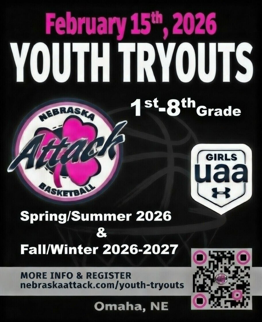 𝗡𝗲𝗯𝗿𝗮𝘀𝗸𝗮 𝗔𝘁𝘁𝗮𝗰𝗸 𝗬𝗼𝘂𝘁𝗵 𝗧𝗿𝘆𝗼𝘂𝘁𝘀 
Sunday, February 15, 2026
Only 3 days away! 

Looks like another huge turnout! 

To register and for additional info: nebraskaattack.com/youth-tryouts  
Questions: scarson.nebraskaattackbb@gmail.com