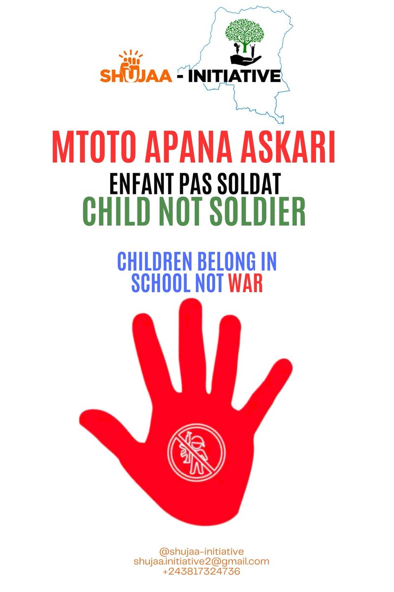 SHUJAAInitiati2's tweet photo. À l’occasion de la Journée de l’enfant soldat, la campagne #MtotoApanaAskari appelle à agir contre le recrutement d’enfants, un crime international. Plus de 3 000 enfants, dont 87 filles, ont été démobilisés, réinsérés et remis à l’école. #Stop_Kadogo https://t.co/nIrUIshppu