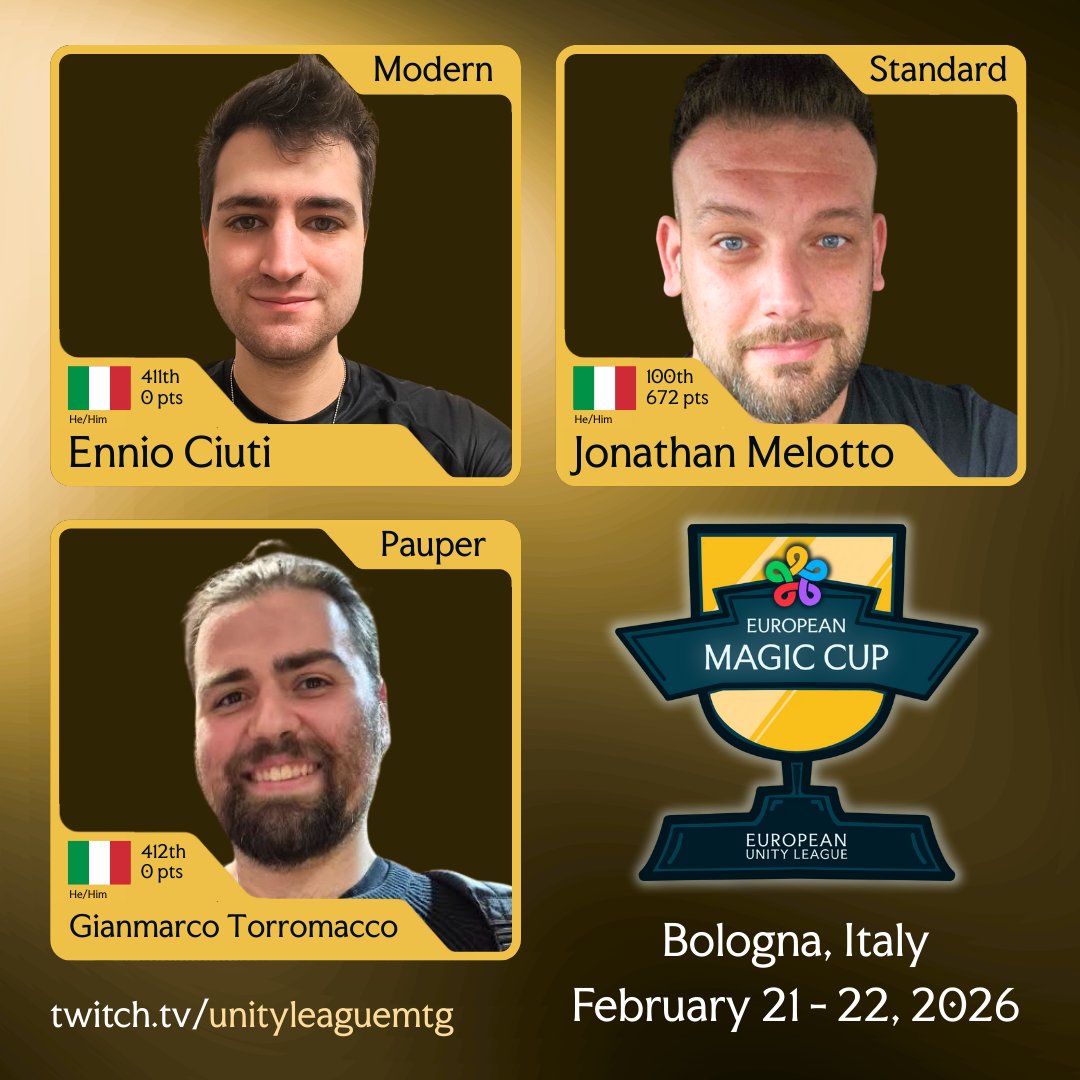 unityleaguemtg's tweet photo. 🇮🇹 Italy is ready to make the home crowd proud at the European Magic Cup! 🔥

On home soil in Bologna, this trio carries the tricolore with one goal: make Italy proud on Europe’s biggest stage.

🟦 Ennio Ciuti (Modern) @EnnioCiuti99 
A latecomer to the Unity League who secured his EMC invite by winning an EUL Qualifier. Momentum is on his side.

🔶 Jonathan Melotto (Standard) @JonathanMelott1 
A long-time competitor who reached Top 8 at the EUL Modern Nationals. Experience meets ambition.

🟥 Gianmarco Torromacco (Pauper)
Joined the League late and won the EUL Pauper Nationals to qualify for the EMC. Ready to prove himself.

📺 Cheer them on live, February 21–22 
📷 https://t.co/NN8dAHXdDg

Per l’Italia, insieme. 🇮🇹🔥