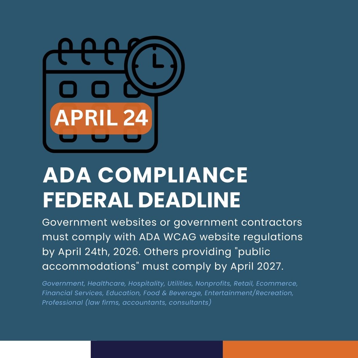 ⚠️ ADA website compliance deadline approaching.

April 24 is the Title II deadline. If your website needs updates, now’s the time to act. Learn more at ada.gov.

Questions? Reach out to our team.