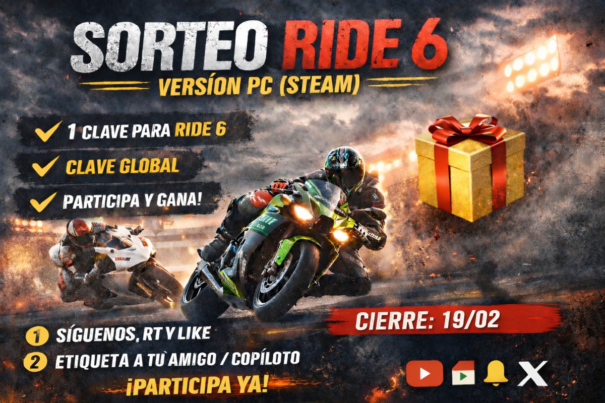 ¡Sorteo 1 clave de RIDE 6 para PC (STEAM)!

Para participar:

✅Sigue a <a href="/DarkPlayerYT/">DarkPlayer GamingTV</a> , <a href="/ErSeFiRoX/">🕹ErSeFiRoX🏆</a> y <a href="/Agent_Venomized/">Venomized🕷️</a> 
🔁Like + Repost a este post
💭Comenta etiquetando a tu amigo/copiloto

🌍 Sorteo GLOBAL
🏆 Ganador el 19/02

¡Suerte a todos! 🔥