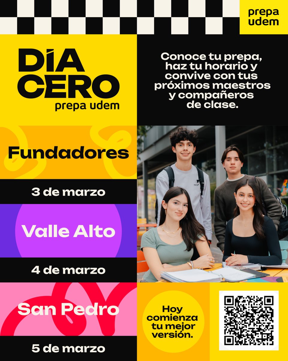 💥 Día Cero 💥

Tu primer acercamiento para resolver dudas, conocer tu campus y prepararte para tu nueva aventura en Prepa UDEM 💛

📍 Fundadores — 3 de marzo
📍 Valle Alto — 4 de marzo
📍 San Pedro — 6 de marzo

¡Nos vemos pronto! 🙌🌟