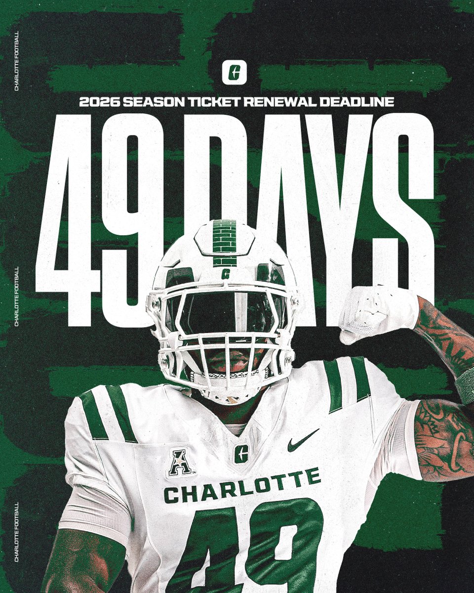 🚨 The countdown is on! 

Only 49 days left to renew your <a href="/CharlotteFTBL/">Charlotte Football</a> season tickets! Don’t miss your chance to lock in your seats and cheer on the Niners all season long. 

🎟️Renew now » clt49e.rs/26SeasonTickets