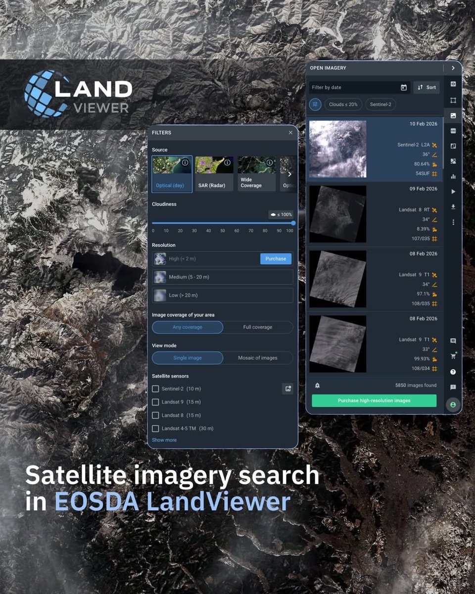EOSDALandViewer's tweet image. In #EOSDA LandViewer, you can search satellite imagery by location and capture date — whether you need the most recent scene or historical data from years ago.

Satellite imagery search in EOSDA #LandViewer is available after registration: eos.com/products/landv…