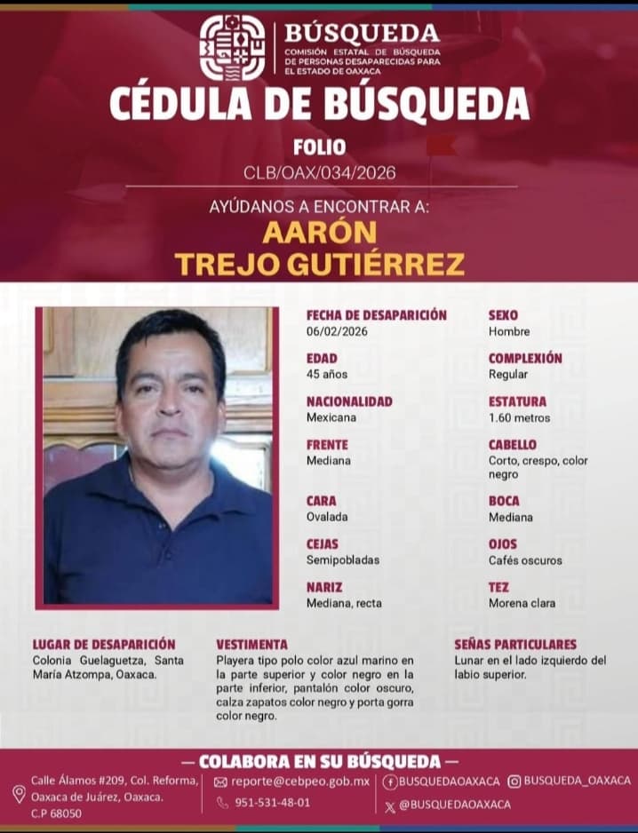 #AUXILIOSOCIAL| 🆘🤝#COMPARTIR 🙏| Buscan a Aarón Trejo Gutiérrez, visto por última vez la noche del 6 de febrero en la colonia Guelaguetza, Santa María #Atzompa, #Oaxaca.

Él mide 1.60 m, es de piel morena, cabello negro corto; vestía polo negro con cuadros azules, pantalón y