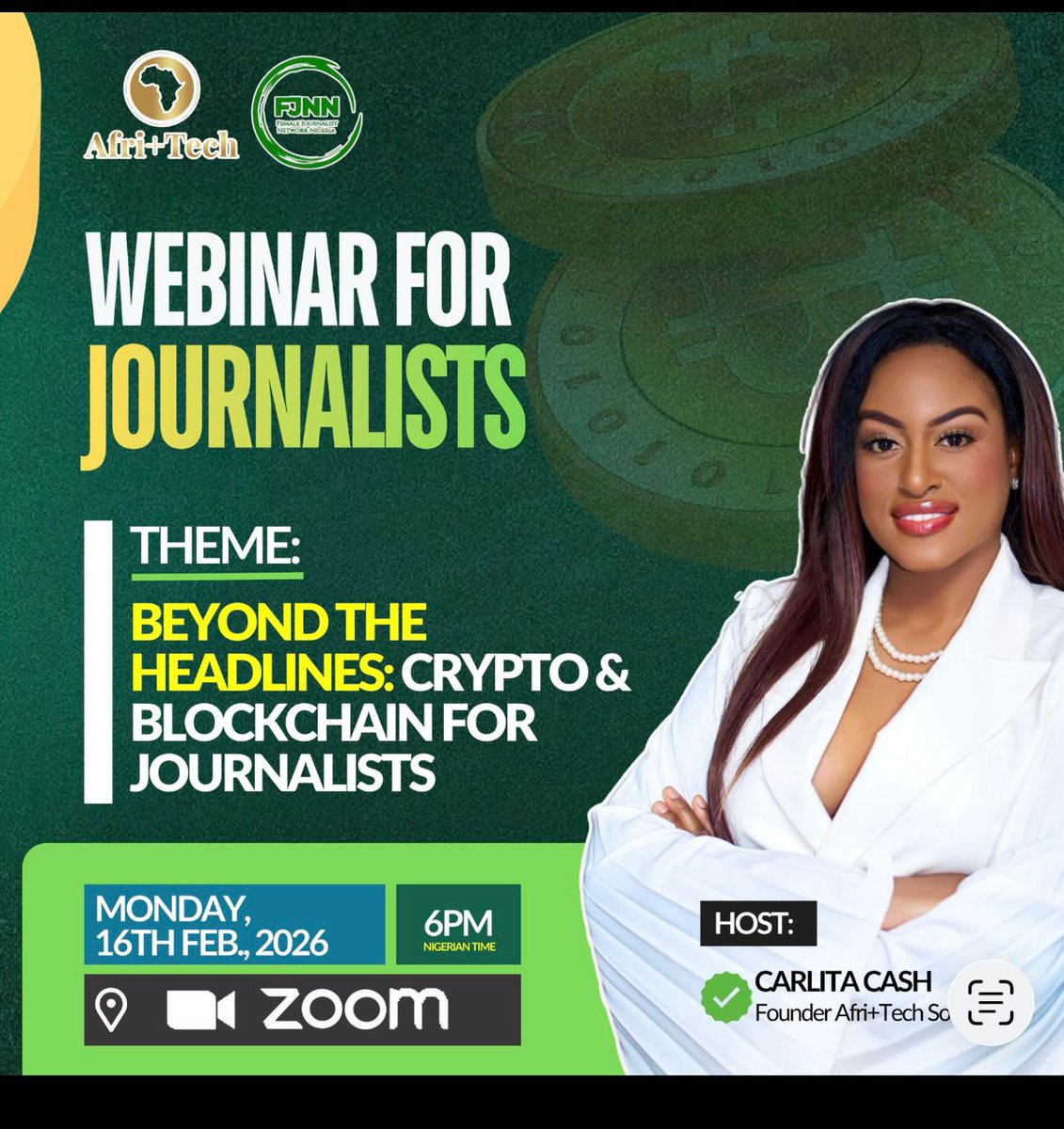 The Female Journalists Network Nigeria, in partnership with Tech+Africa’s Carlita Cash, is hosting a free 
exclusive training designed specifically for media professionals.
🗓 Date: 16th February 2026
⏰ Time: 6:00 PM 
09057882290
To Register:
event.femalejournalistsnetwork.com
