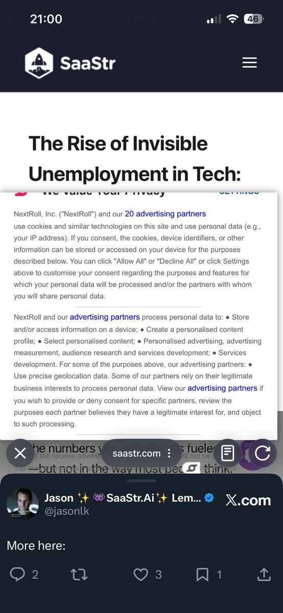 boothchris's tweet photo. @jasonlk If you open your site for the first time in X, the cookies message can’t be closed. See attached. https://t.co/wms5ZUUd1w