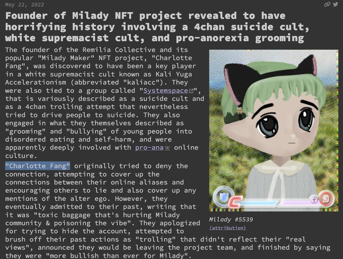 so someone who was running a racist online eating disorder cult is now designing for fashion shows that feature Clavicular and "DJ THINSPO"

yet another reason to avoid people who use those ugly anime NFTs as profile pics
