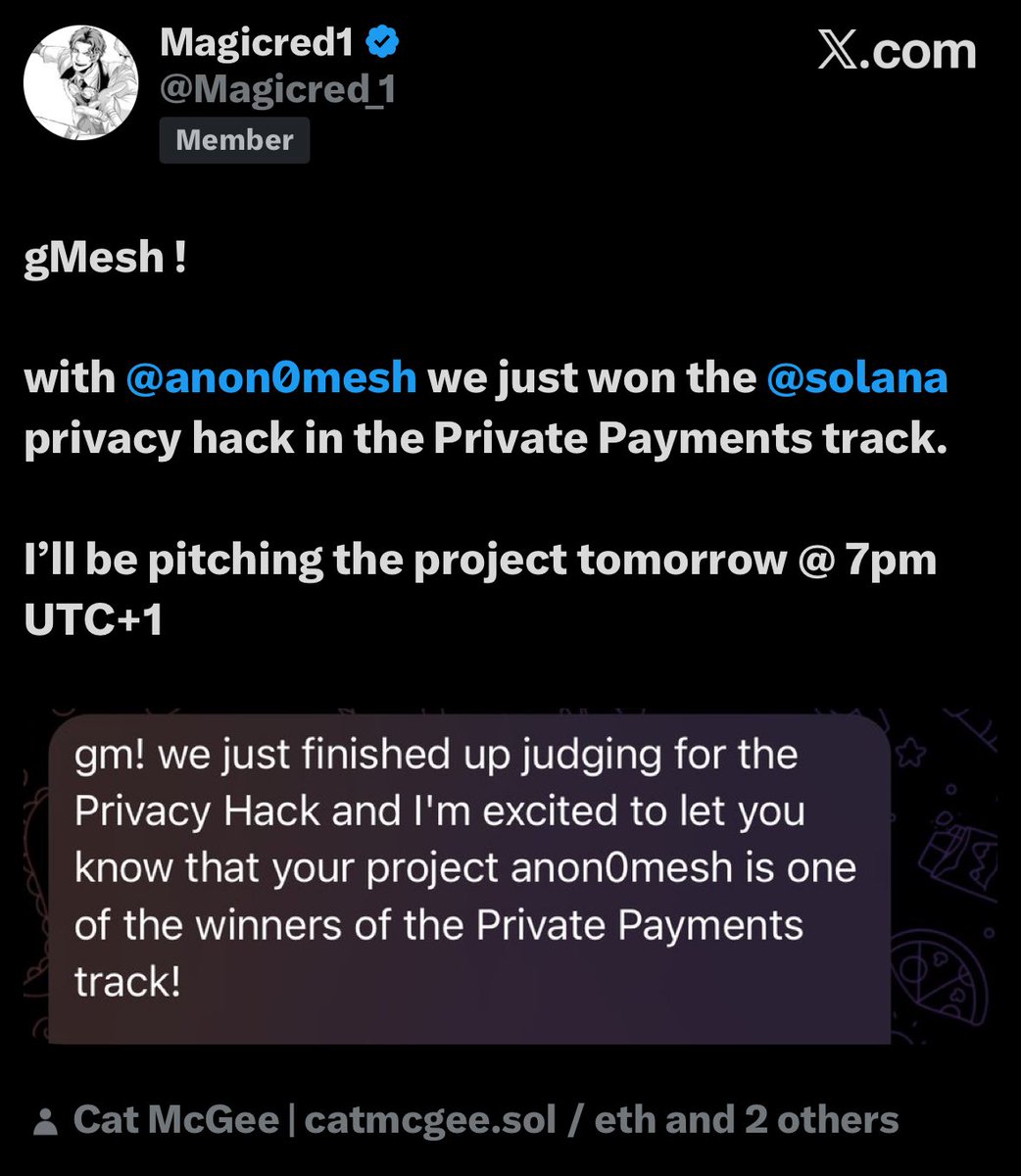 Awesome News.

 <a href="/anon0mesh/">anonmesh</a> just won the <a href="/solana/">Solana</a> privacy hack in the Private Payments track. 🎉

Still don’t know what AnonMesh is all about?

Well, the Quoted tweet says it all

Take a read👇☂️
